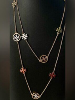 NWOT Tory Burch Miller Long Gold & Silver Logo Chain Necklace